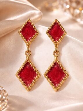 Vintage Ruby Red Enamel Dangle Earrings Pearl Swirl Gold Tone Pierced 2”